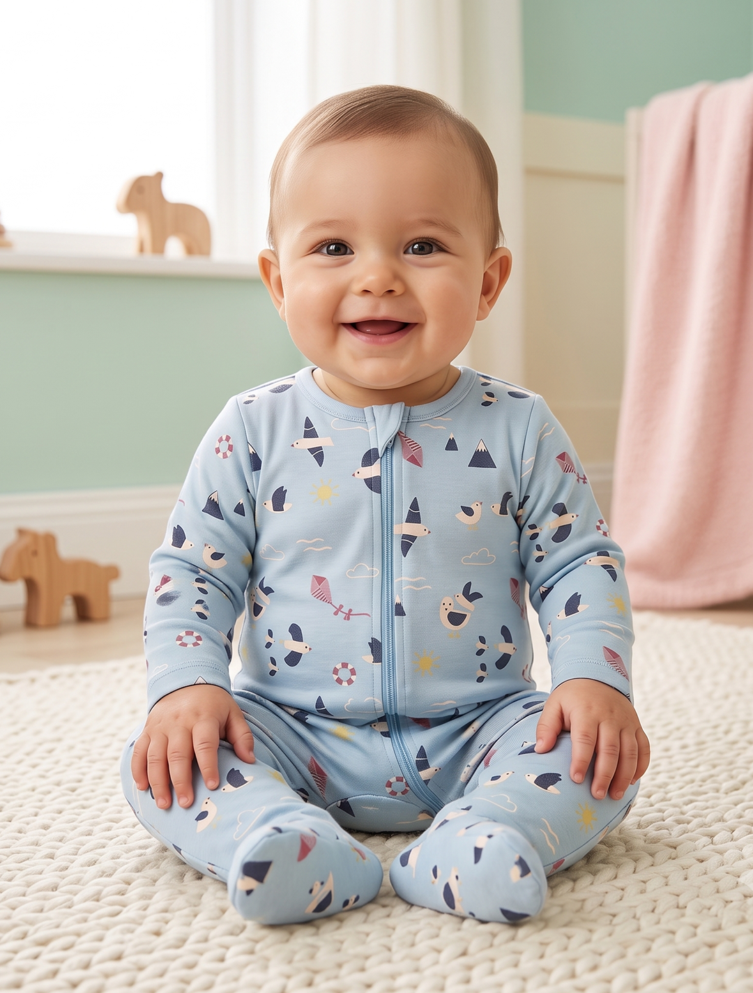 Blue patterned zipper sleepsuit