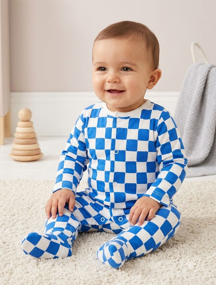 Royal blue white check button sleepsuit