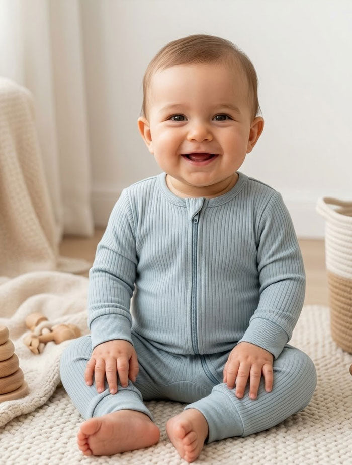 Light blue ribbed 2 way zipper romper