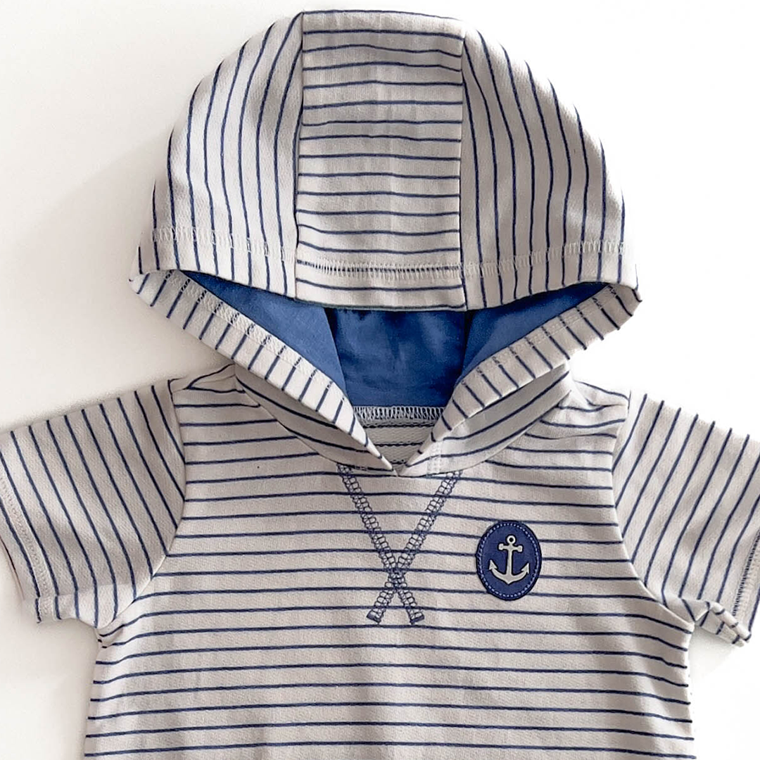 BLUE AND WHITE STRIPED HOODED JUMPSUIT