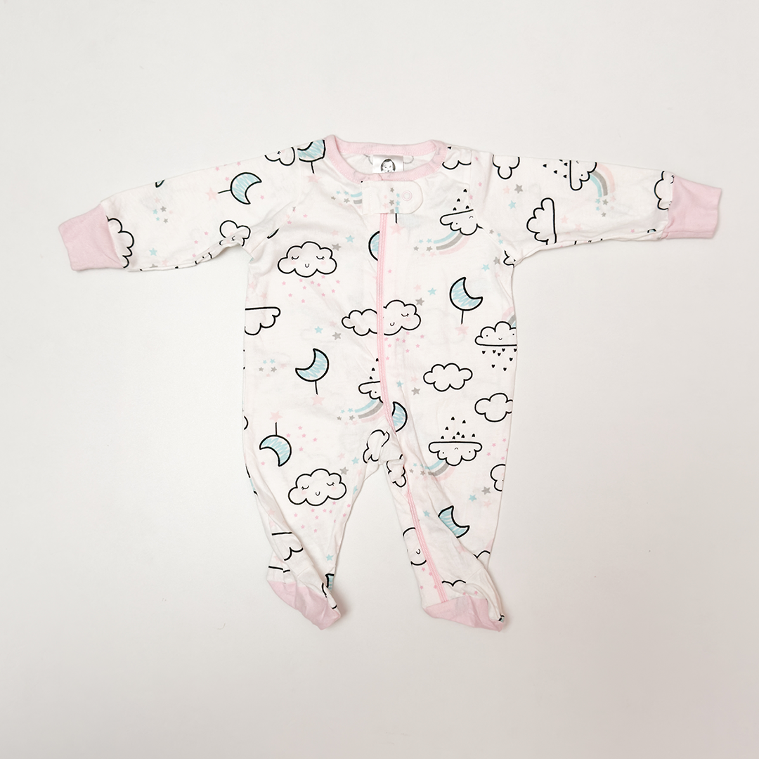 WHITE PRINTED ZIPPER SLEEPSUIT