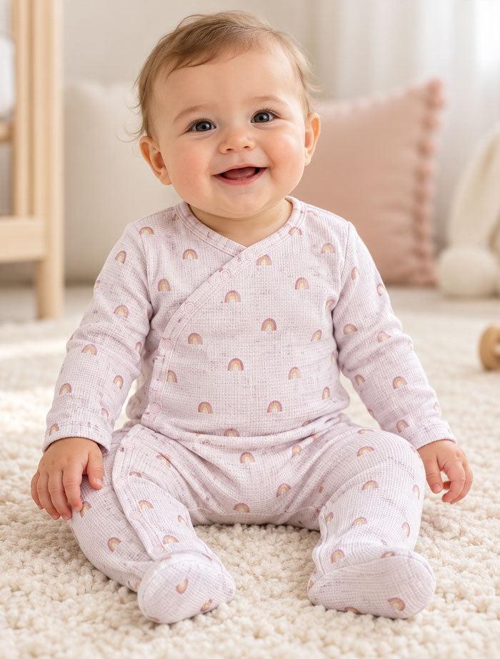 Dusty pink knitted rainbow sleep suit