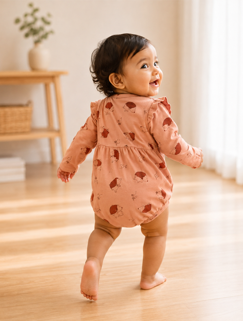 ORANGE PRINTED RUFFLE ONESIE