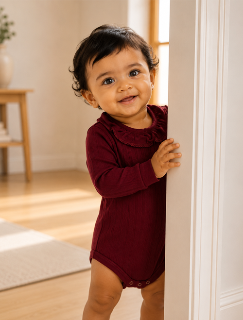 Maroon pointelle ruffles onesie