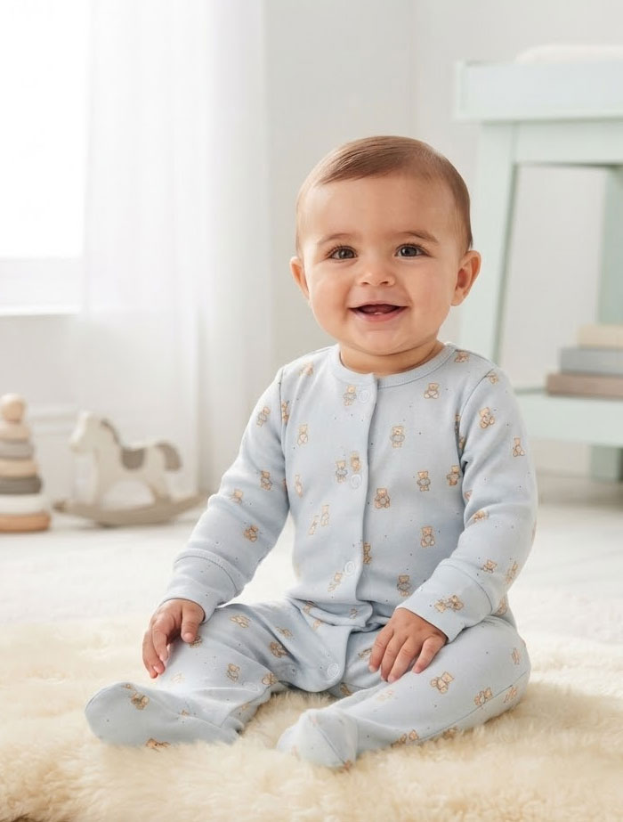 Blue bear printed button sleep suit