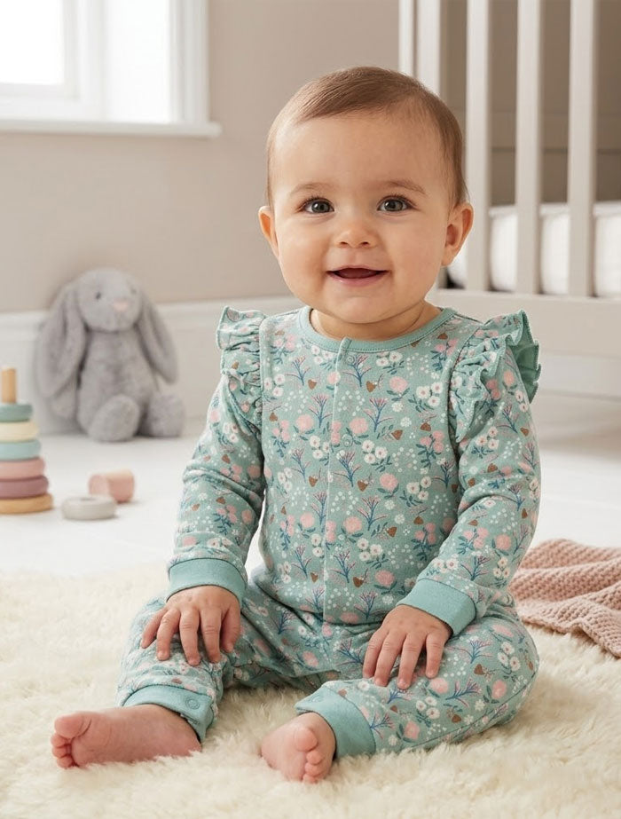 Green floral ruffled romper