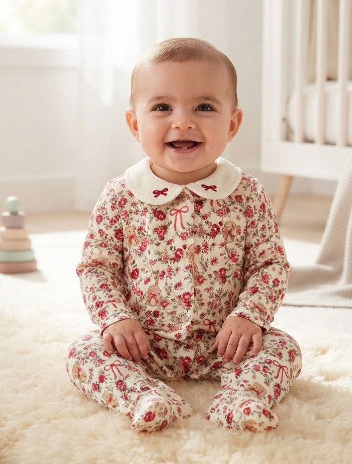 Red bow & bear printed sleep suit