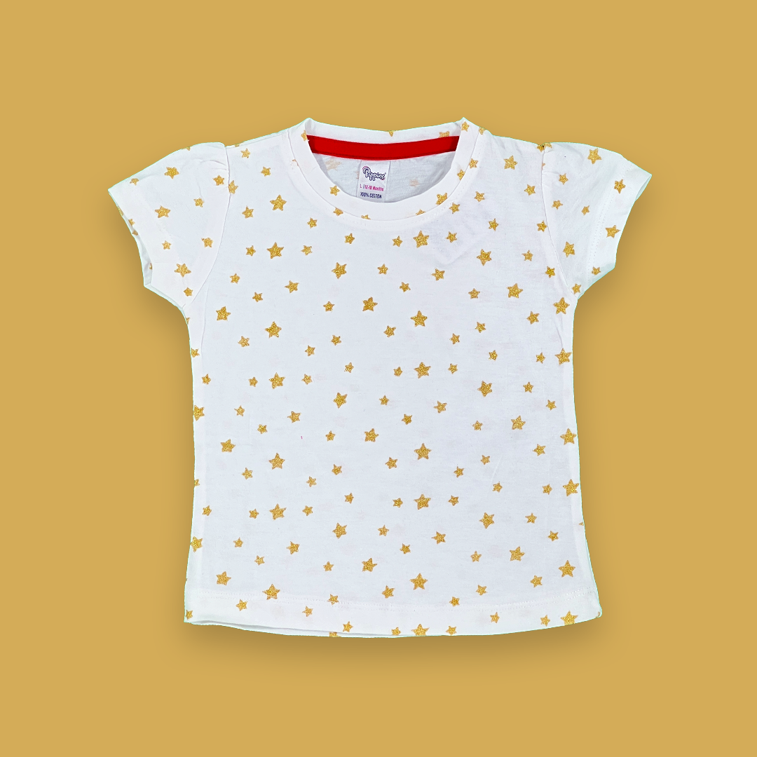 Golden Star Glitter Print White color Two Piece for Girls | 12-18 Months |