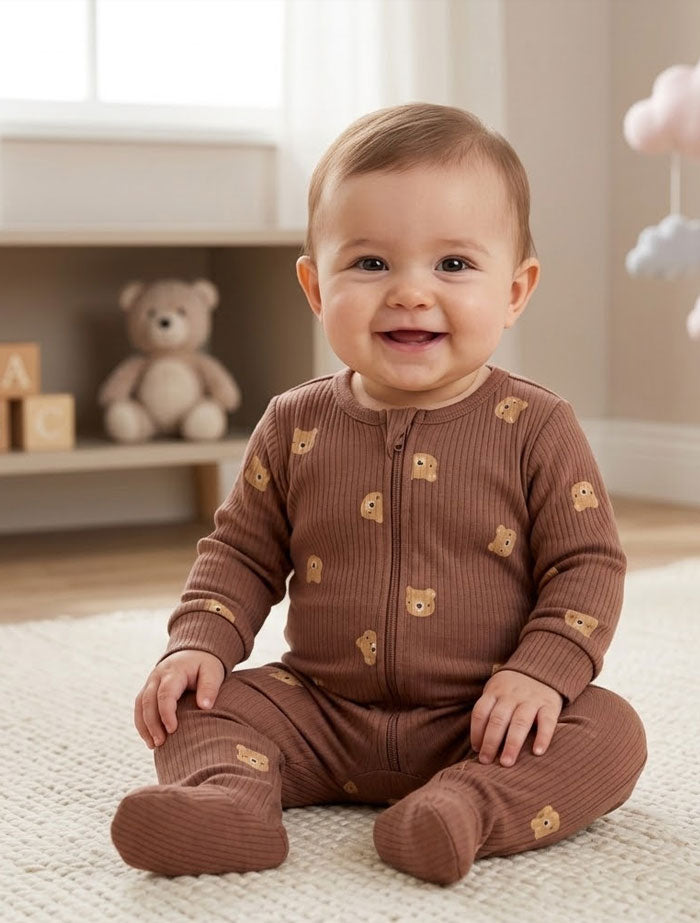 Brown ribbed bear printed sleepsuit