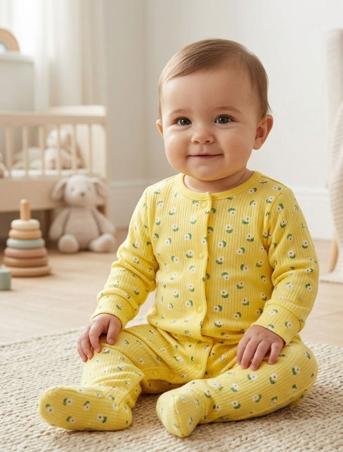 Yellow floral ribbed sleepsuit
