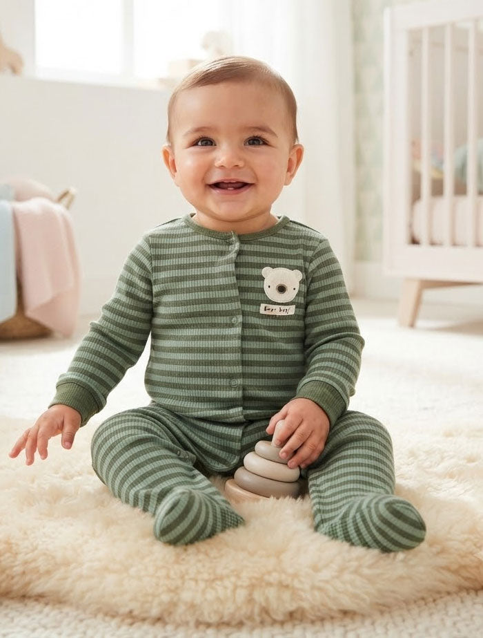 Green stripes button ribbed sleepsuit