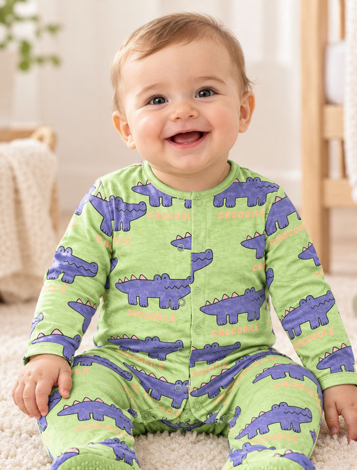 Green and blue printed button sleepsuit
