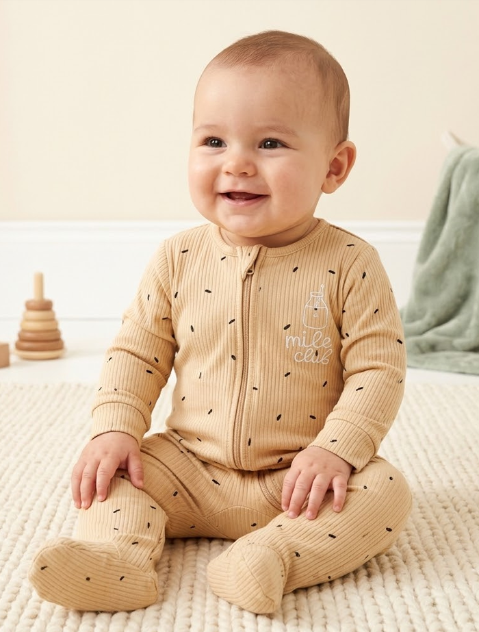 Beige ribbed zipper sleepsuit
