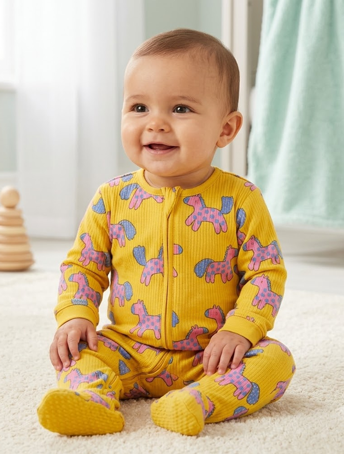 Yellow ribbed zipper sleep suit