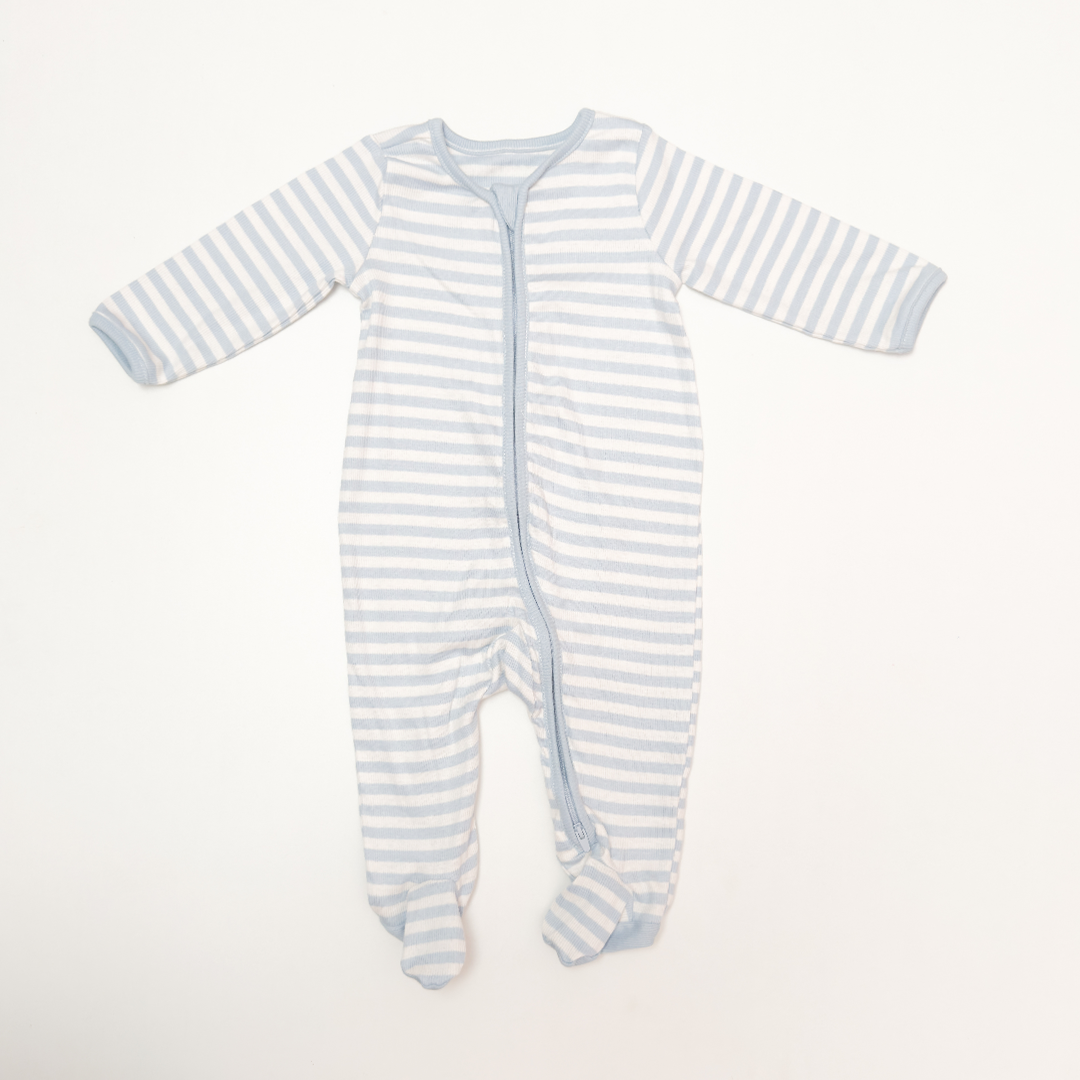 BLUE AND WHITE STRIPED RIBBED SLEEPSUIT