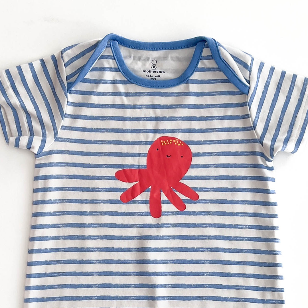 MOTHERCARE BLUE AND WHITE STRIPED JUMPSUIT