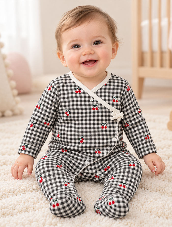 Black check berry button sleep suit