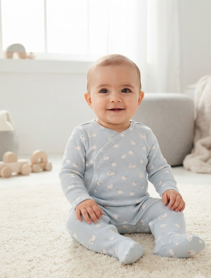 Blue knitted sheep printed sleep suit