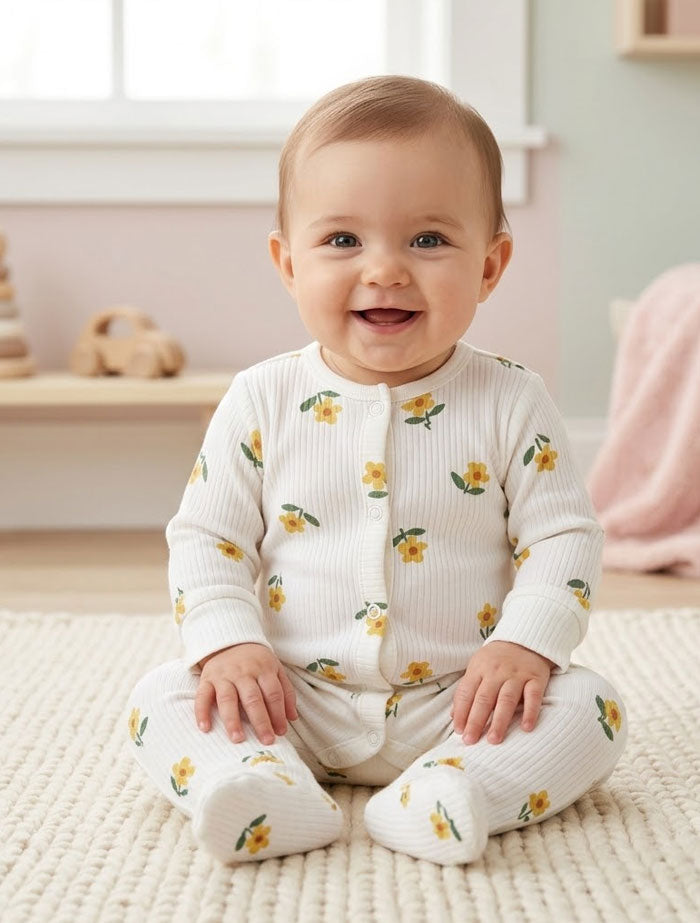Yellow floral ribbed button sleepsuit