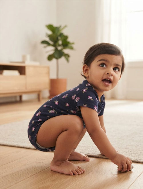 Short-Sleeve Cotton Baby Onesie Navy Floral Print