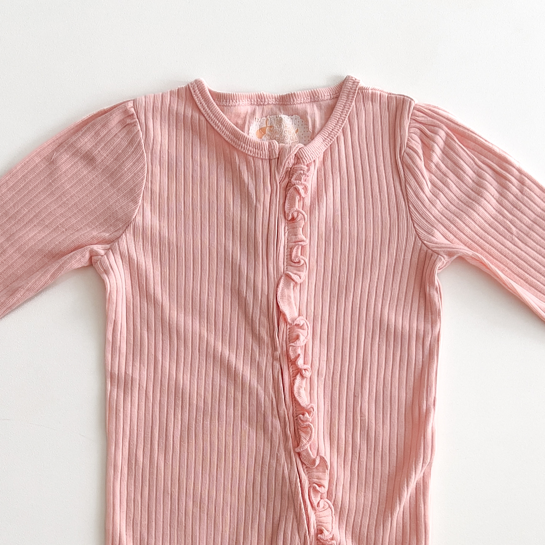 peach ribbed ruffles on front romper