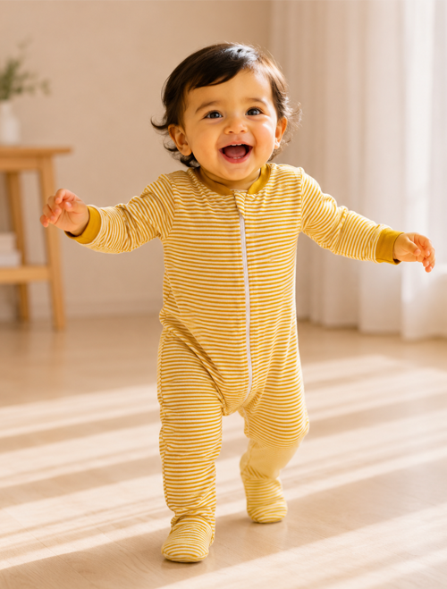 Yellow stripes zipper sleepsuit