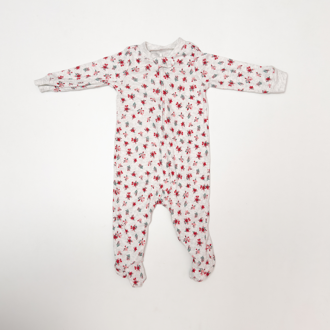 GREY RED FLORAL ZIPPER SLEEPSUIT