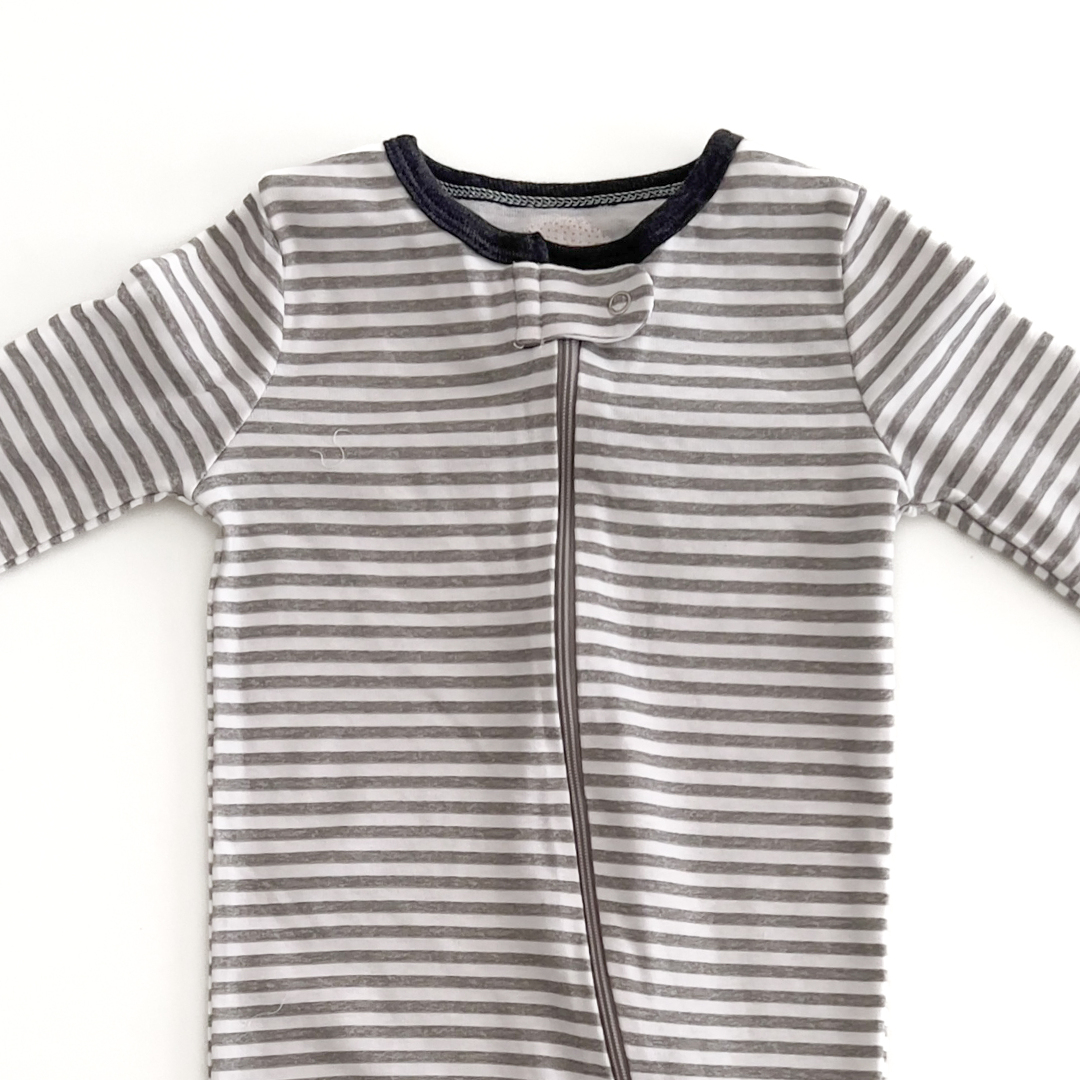 GREY AND WHITE STRIPED SLEEPSUIT