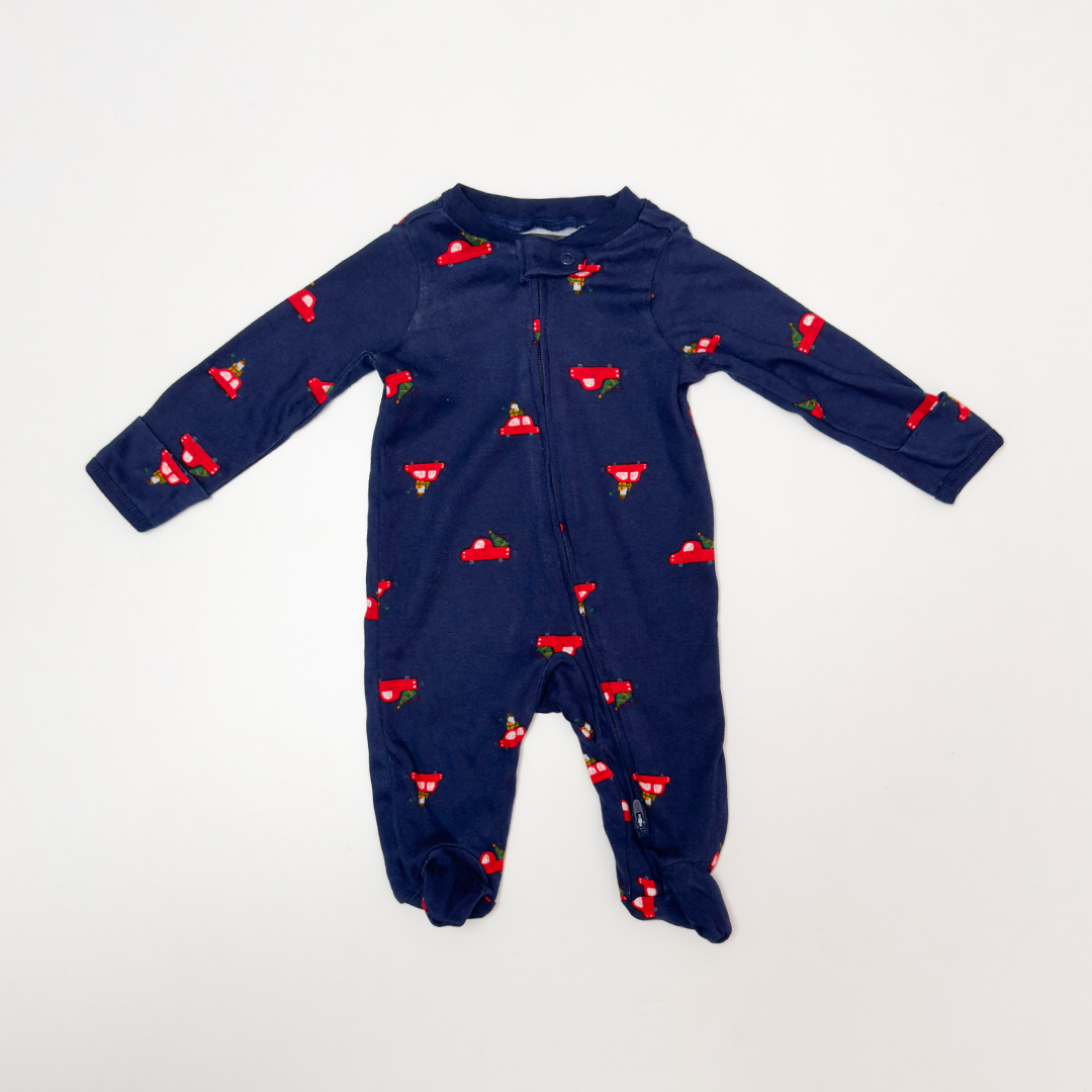NAVY BLUE CAR PRINTED ZIPPER SLEEPSUIT