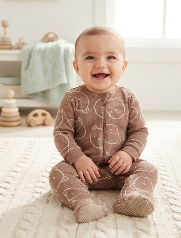Brown ribbed bear sleep suit