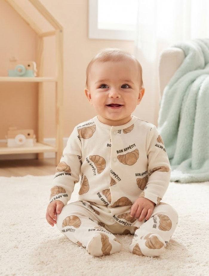 Beige croissent printed button sleepsuit