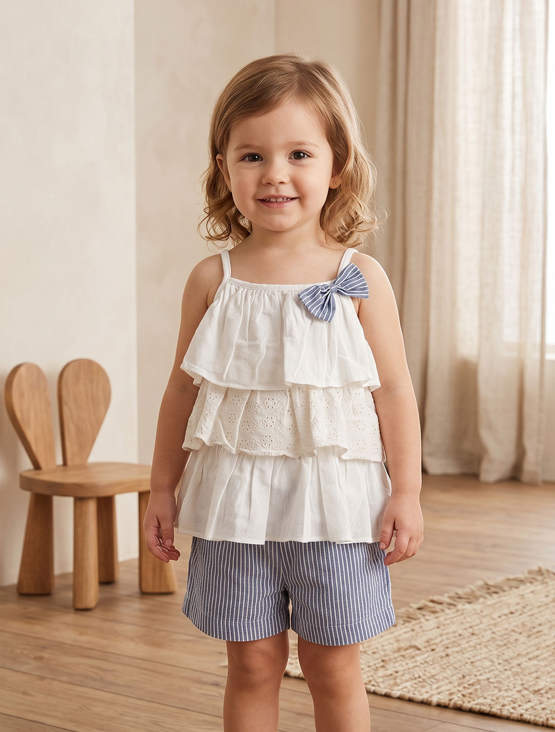 White hakkoba top with blue striped shorts set
