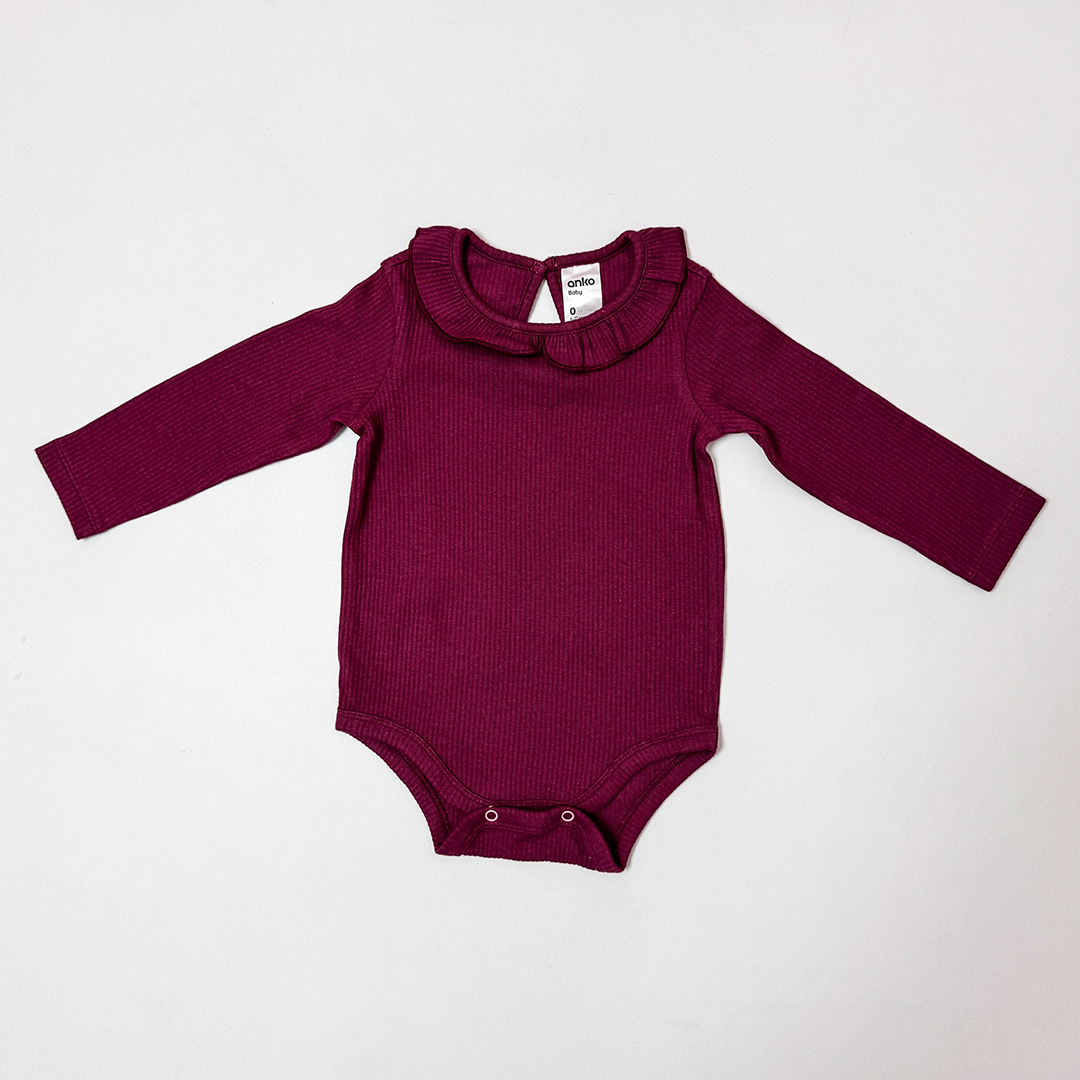 WINE RIBBED RUFFLED ONESIE