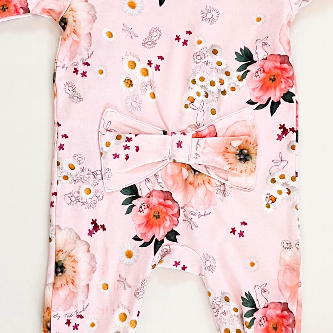 PINK FLORAL BOW SLEEPSUIT
