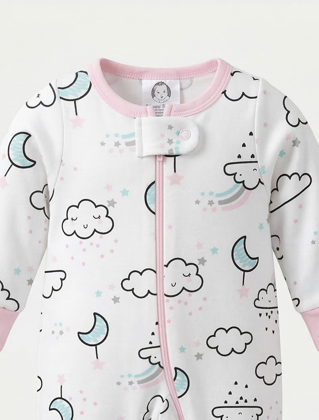 WHITE PRINTED ZIPPER SLEEPSUIT