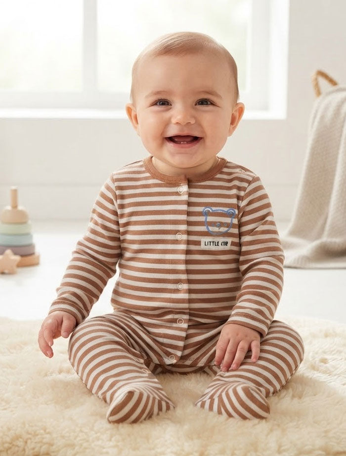 Brown and white stripes button sleep suit