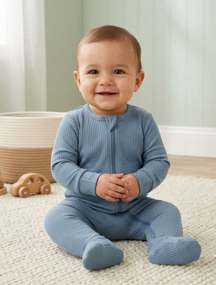 Classic blue 2 way zipper ribbed sleepsuit
