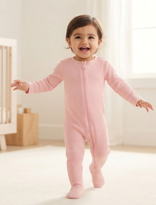 Baby pink ribbed zipper sleepsuit