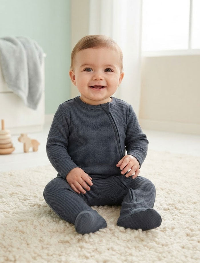 Blue knitted 2 way zipper sleep suit
