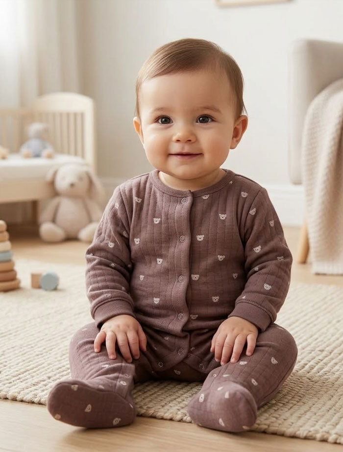 Brown bear printed quilted sleepsuit
