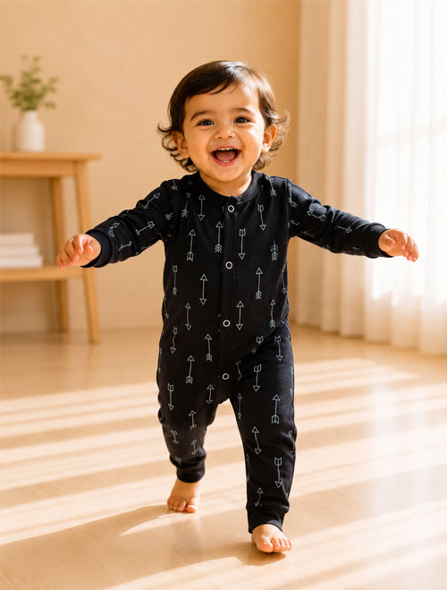 Black arrow printed button romper