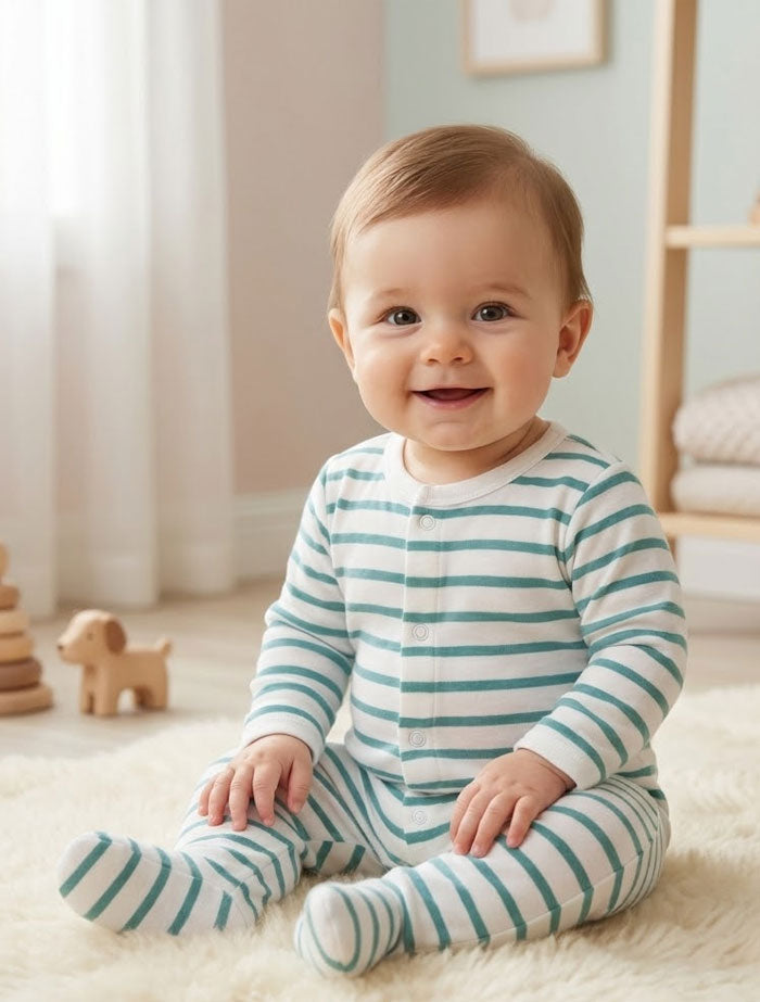 White and green stripes button sleepsuit