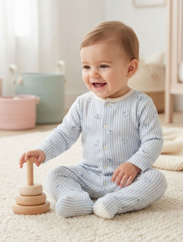 Blue stripes bear button sleepsuit