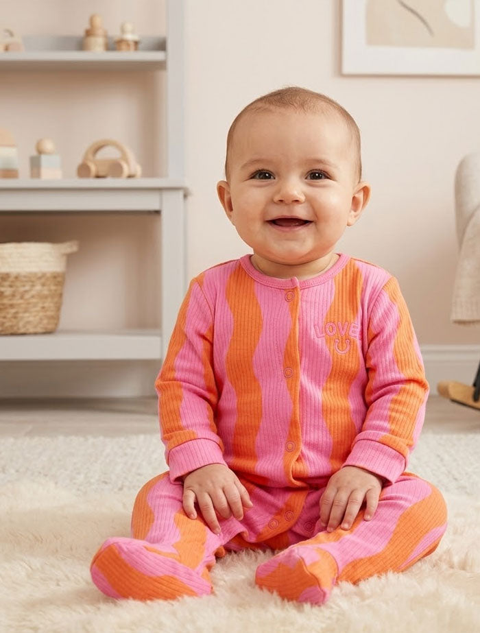Pink orange ribbed stripes sleepsuit