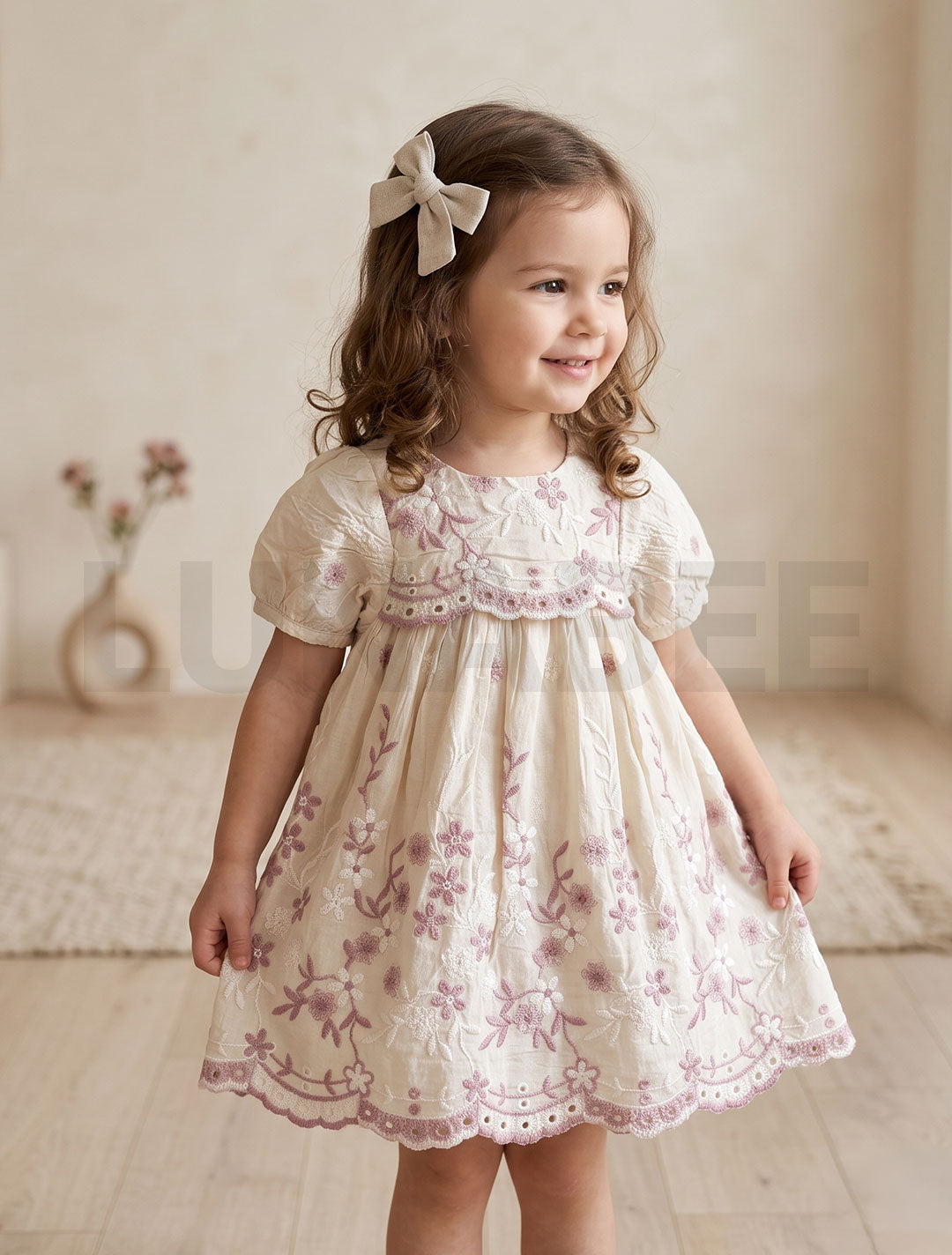 Pink floral embroidered puff sleeve dress