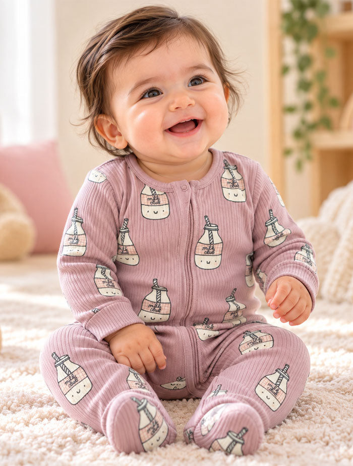 Dusty pink ribbed 2 way zipper sleep suit