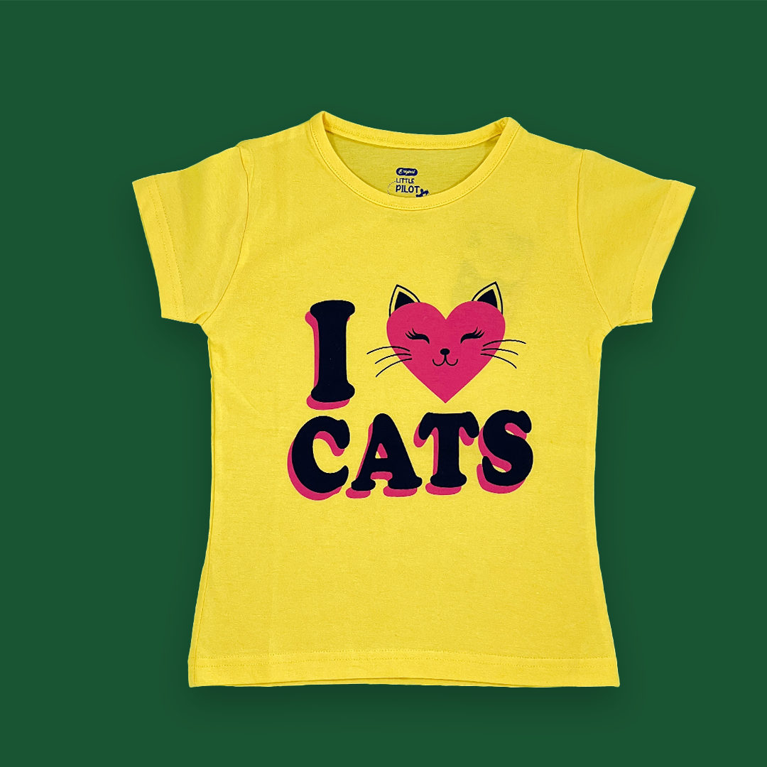 Cat Lover Printed Yellow Color Two Piece for Girls | 3-4 Years |