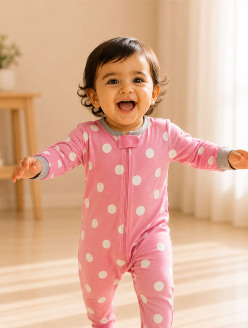 Pink polka dotted sleepsuit