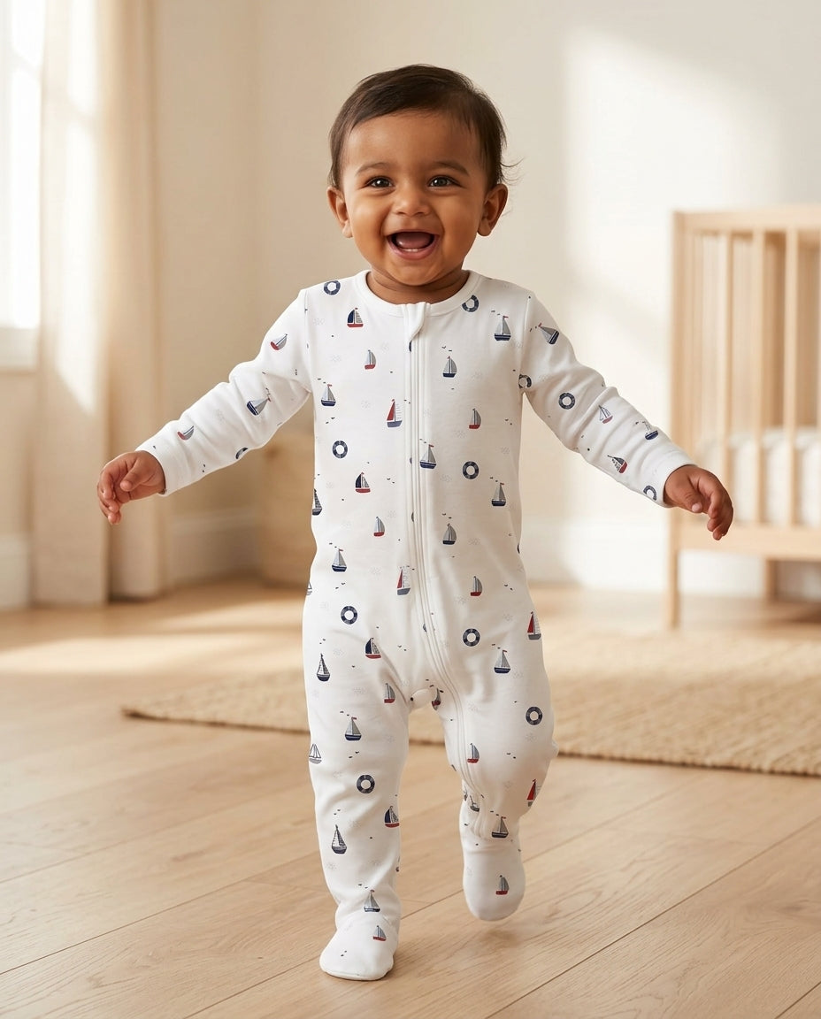 White printed zipper sleepsuit
