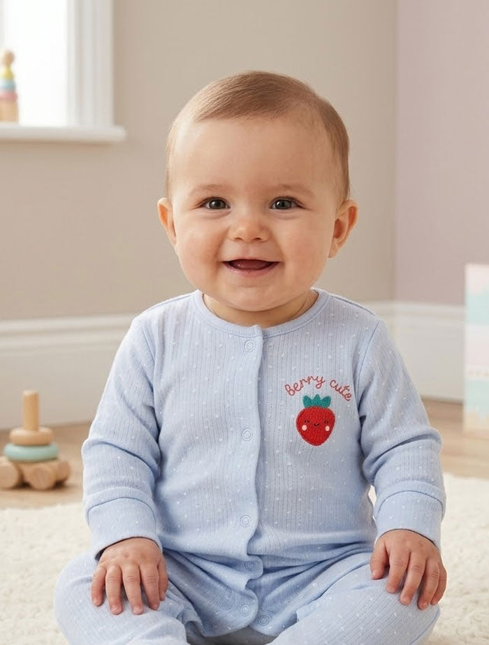 Blue strawberry ribbed button romper